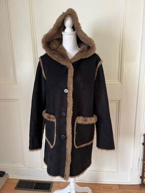dennis basso Reversible Black Hooded Faux Shearling Coat with Brown Trim